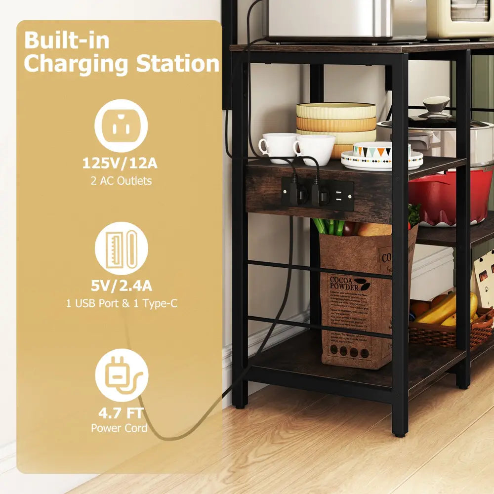 Kitchen Bakers Rack with Power Outlet 5-Tier Microwave Oven Stand with LED Lights-Rustic Brown - Rustic Brown - Baker’s
