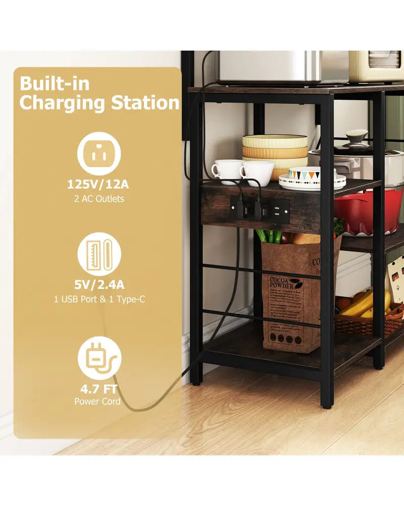 Kitchen Bakers Rack with Power Outlet 5-Tier Microwave Oven Stand with LED Lights-Rustic Brown - Rustic Brown - Baker’s