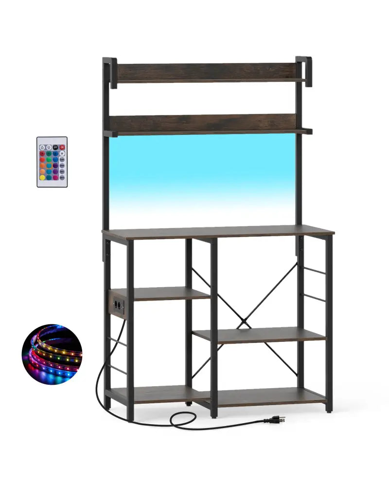 Kitchen Bakers Rack with Power Outlet 5-Tier Microwave Oven Stand with LED Lights-Rustic Brown - Rustic Brown - Baker’s