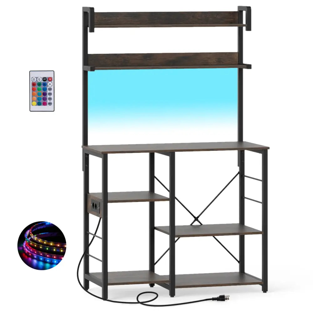 Kitchen Bakers Rack with Power Outlet 5-Tier Microwave Oven Stand with LED Lights-Rustic Brown - Rustic Brown - Baker’s
