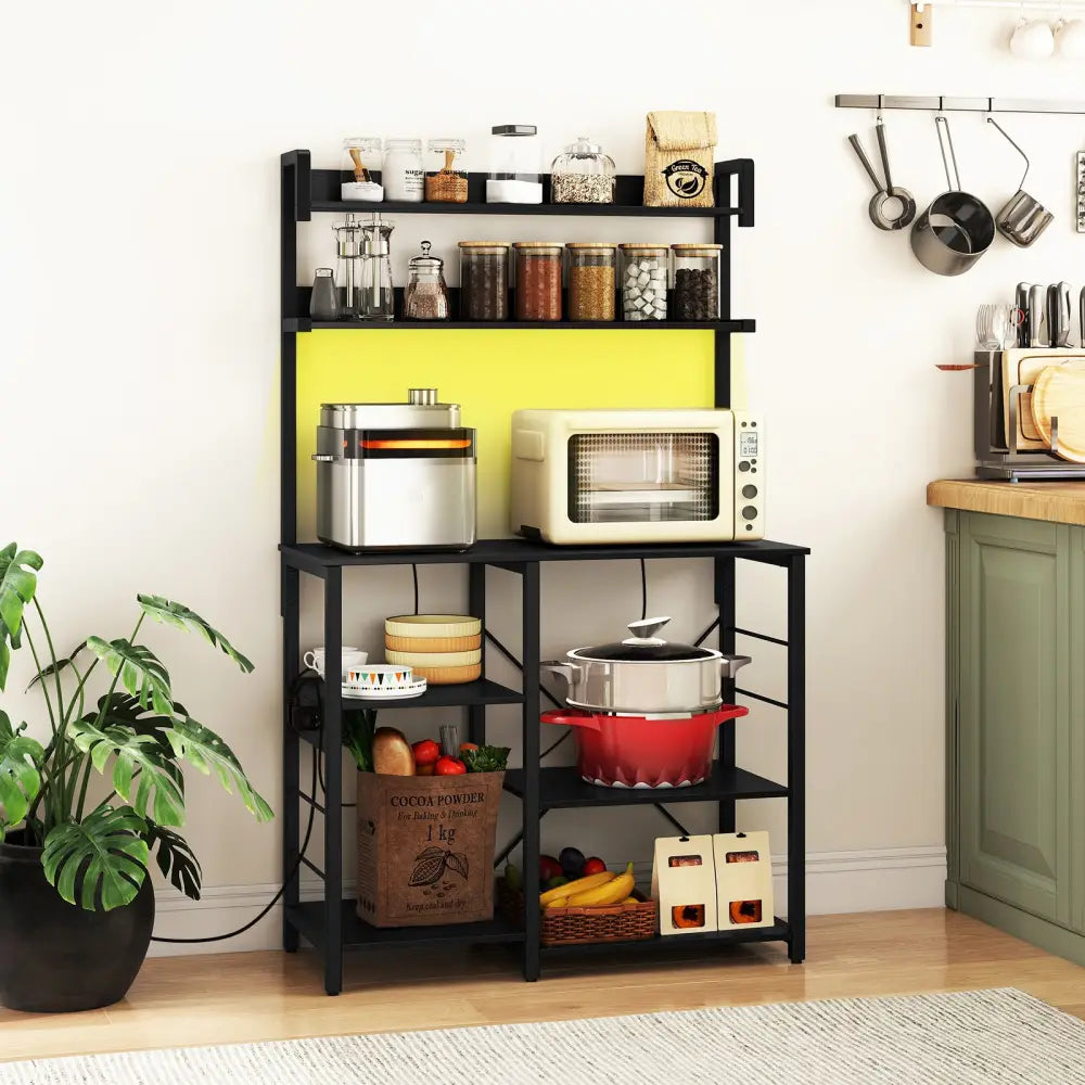 Kitchen Bakers Rack with Power Outlet 5-Tier Microwave Oven Stand with LED Lights-Black - Black - Baker’s Racks