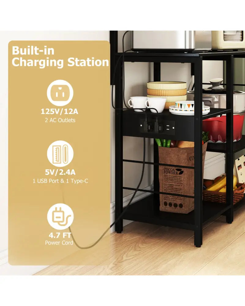 Kitchen Bakers Rack with Power Outlet 5-Tier Microwave Oven Stand with LED Lights-Black - Black - Baker’s Racks