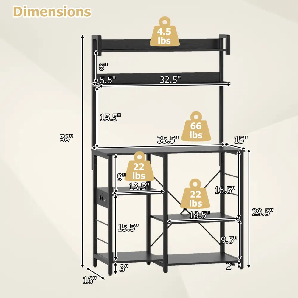 Kitchen Bakers Rack with Power Outlet 5-Tier Microwave Oven Stand with LED Lights-Black - Black - Baker’s Racks