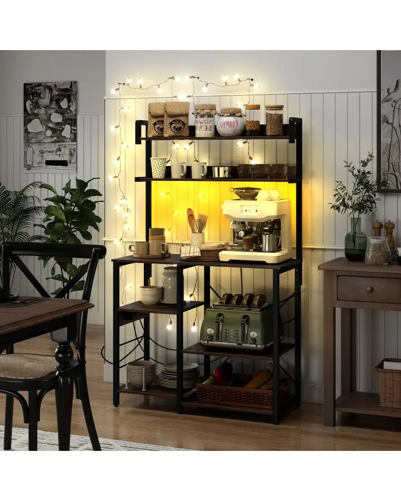 Kitchen Bakers Rack with Power Outlet 5-Tier Microwave Oven Stand with LED Lights-Rustic Brown - Rustic Brown - Baker’s