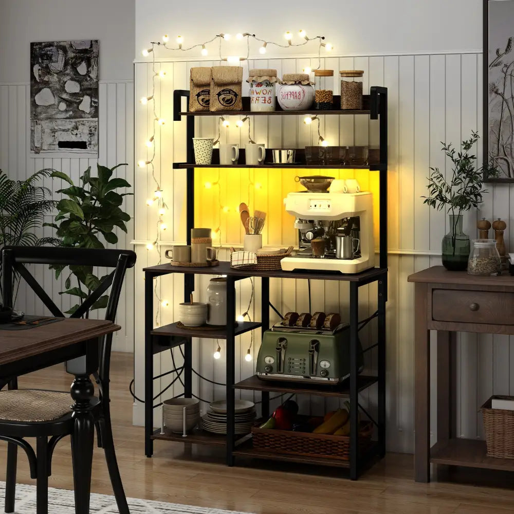 Kitchen Bakers Rack with Power Outlet 5-Tier Microwave Oven Stand with LED Lights-Rustic Brown - Rustic Brown - Baker’s