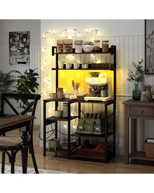 Kitchen Bakers Rack with Power Outlet 5-Tier Microwave Oven Stand with LED Lights-Rustic Brown - Rustic Brown - Baker’s