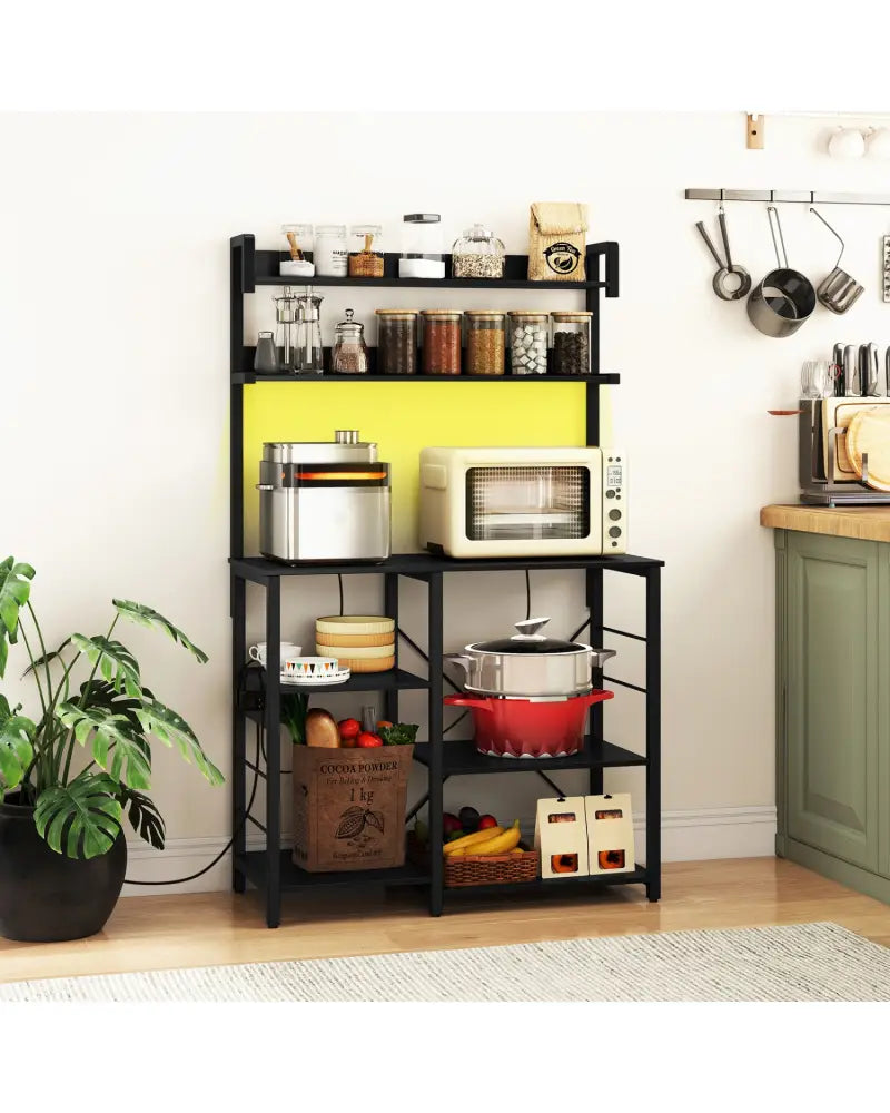 Kitchen Bakers Rack with Power Outlet 5-Tier Microwave Oven Stand with LED Lights-Black - Black - Baker’s Racks