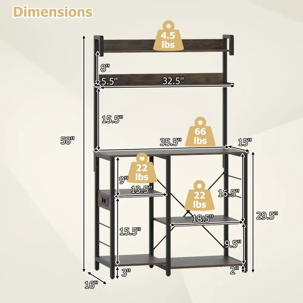 Kitchen Bakers Rack with Power Outlet 5-Tier Microwave Oven Stand with LED Lights-Rustic Brown - Rustic Brown - Baker’s