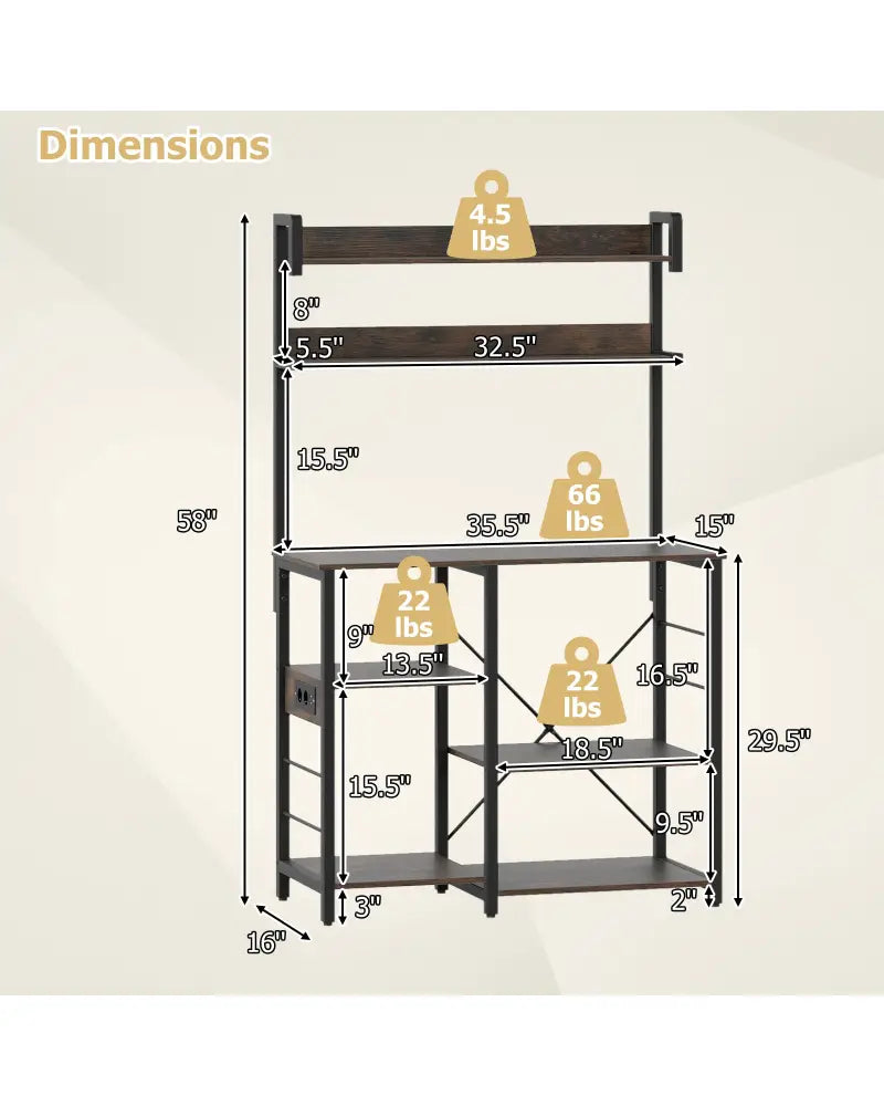 Kitchen Bakers Rack with Power Outlet 5-Tier Microwave Oven Stand with LED Lights-Rustic Brown - Rustic Brown - Baker’s