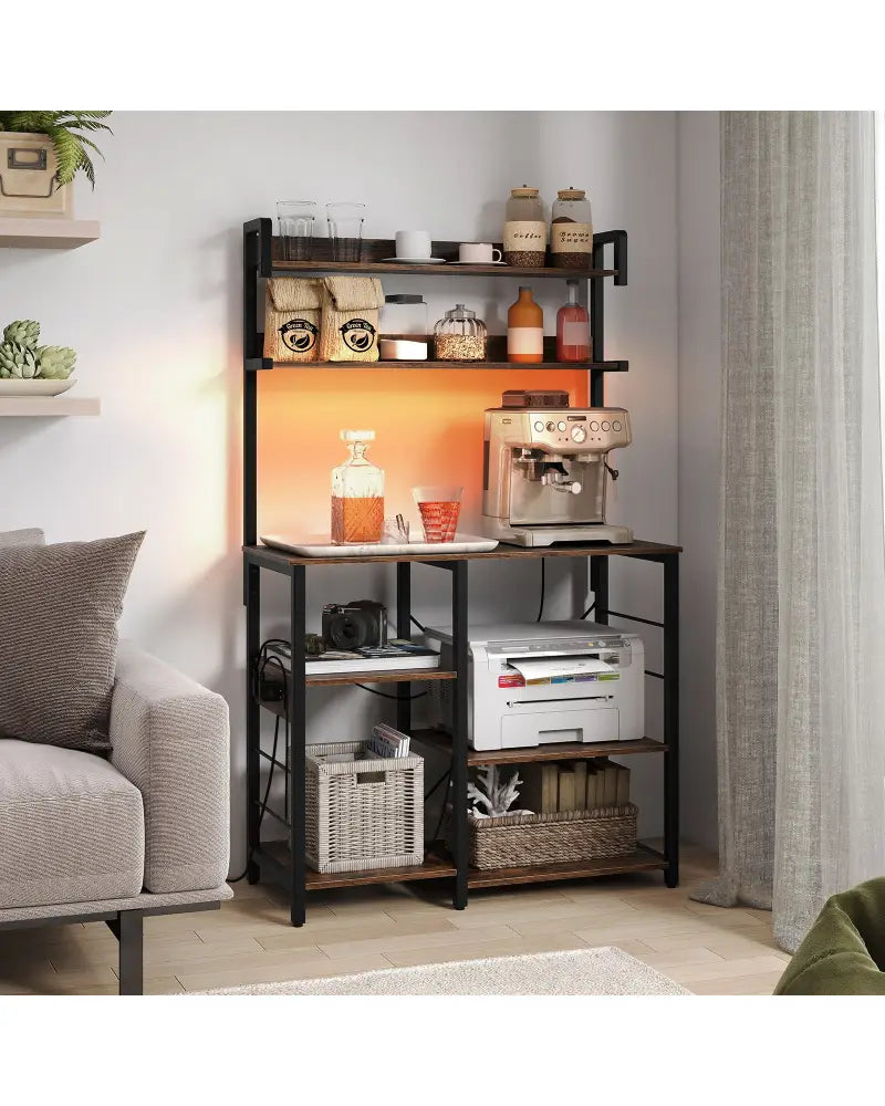 Kitchen Bakers Rack with Power Outlet 5-Tier Microwave Oven Stand with LED Lights-Rustic Brown - Rustic Brown - Baker’s
