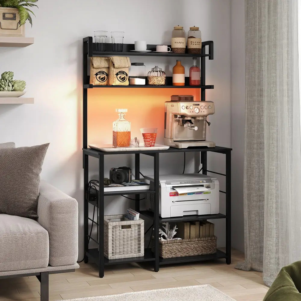 Kitchen Bakers Rack with Power Outlet 5-Tier Microwave Oven Stand with LED Lights-Black - Black - Baker’s Racks