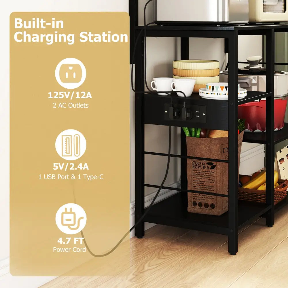 Kitchen Bakers Rack with Power Outlet 5-Tier Microwave Oven Stand with LED Lights-Black - Black - Baker’s Racks