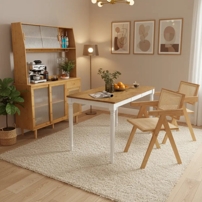 Kitchen Dining Set with Extendable Table 2 Rattan Accent Chairs and Kitchen Cabinet - Kitchen & Dining