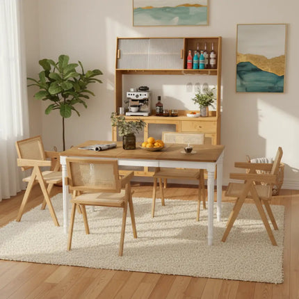 Kitchen Dining Set with Extendable Table 2 Rattan Accent Chairs and Kitchen Cabinet - Kitchen & Dining