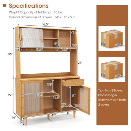 Kitchen Dining Set with Extendable Table 2 Rattan Accent Chairs and Kitchen Cabinet - Kitchen & Dining
