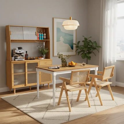 Kitchen Dining Set with Extendable Table 2 Rattan Accent Chairs and Kitchen Cabinet - Kitchen & Dining