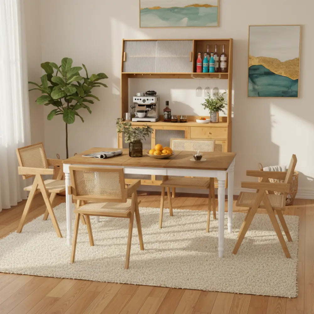 Kitchen Dining Set with Extendable Table 2 Rattan Accent Chairs and Kitchen Cabinet - Kitchen & Dining