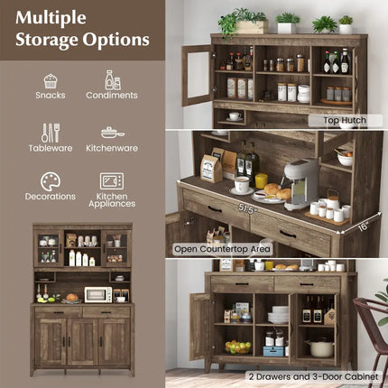 Kitchen Freestanding Hutch Cabinet with Microwave Countertop-Brown - Brown - Sideboards Cabinets & Buffets