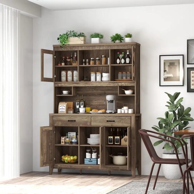 Kitchen Freestanding Hutch Cabinet with Microwave Countertop-Brown - Brown - Sideboards Cabinets & Buffets