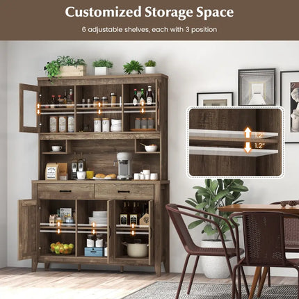 Kitchen Freestanding Hutch Cabinet with Microwave Countertop-Brown - Brown - Sideboards Cabinets & Buffets