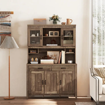Kitchen Freestanding Hutch Cabinet with Microwave Countertop-Brown - Brown - Sideboards Cabinets & Buffets