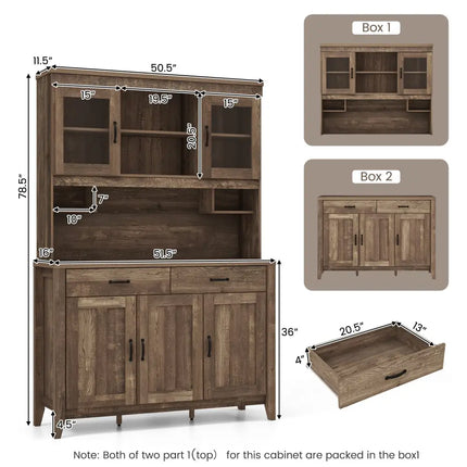 Kitchen Freestanding Hutch Cabinet with Microwave Countertop-Brown - Brown - Sideboards Cabinets & Buffets