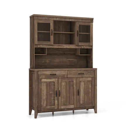 Kitchen Freestanding Hutch Cabinet with Microwave Countertop-Brown - Brown - Sideboards Cabinets & Buffets