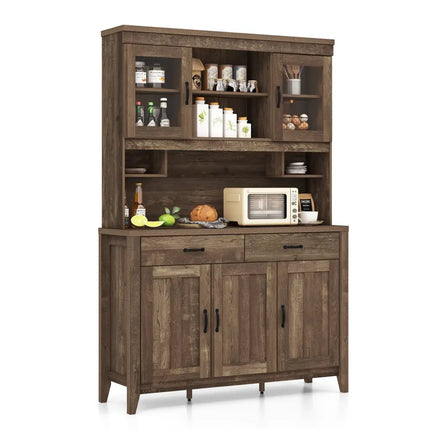 Kitchen Freestanding Hutch Cabinet with Microwave Countertop-Brown - Brown - Sideboards Cabinets & Buffets