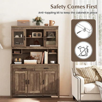 Kitchen Freestanding Hutch Cabinet with Microwave Countertop-Brown - Brown - Sideboards Cabinets & Buffets