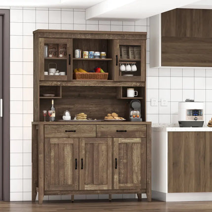 Kitchen Freestanding Hutch Cabinet with Microwave Countertop-Brown - Brown - Sideboards Cabinets & Buffets