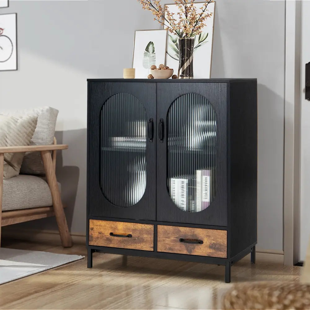 Kitchen Industrial Buffet Sideboard with Tempered Glass Doors-Black - Black - Sideboards Cabinets & Buffets