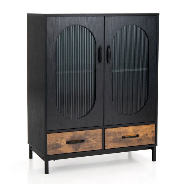 Kitchen Industrial Buffet Sideboard with Tempered Glass Doors-Black - Black - Sideboards Cabinets & Buffets
