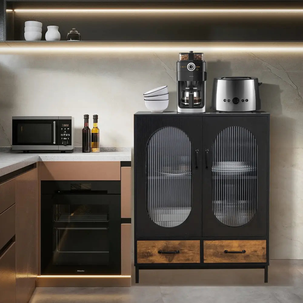 Kitchen Industrial Buffet Sideboard with Tempered Glass Doors-Black - Black - Sideboards Cabinets & Buffets