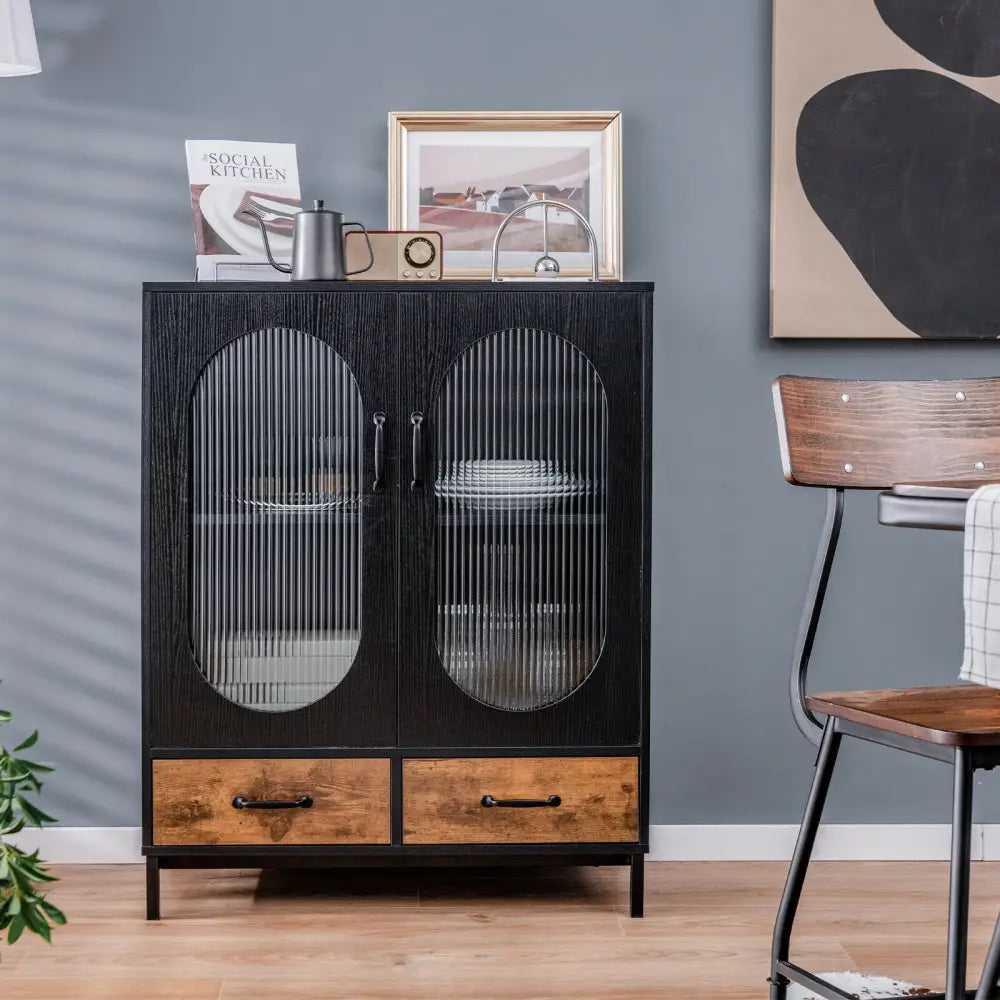 Kitchen Industrial Buffet Sideboard with Tempered Glass Doors-Black - Black - Sideboards Cabinets & Buffets