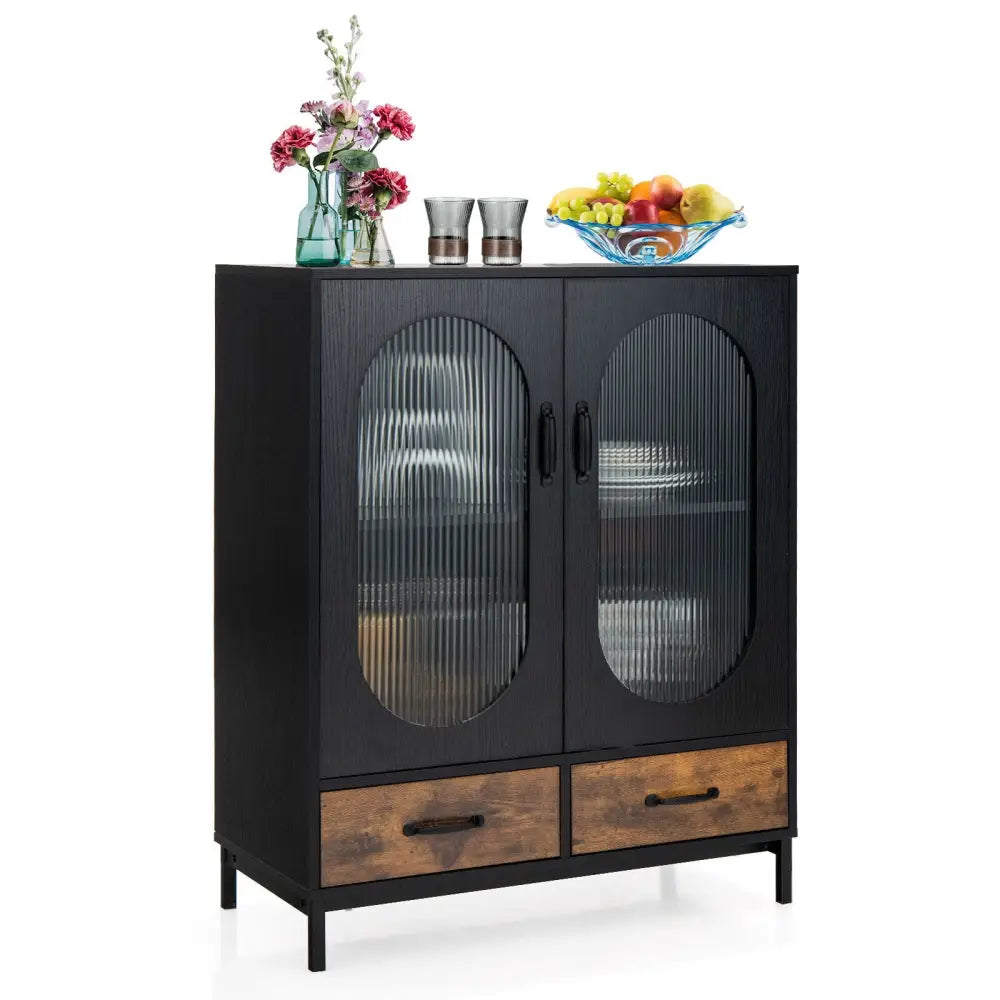 Kitchen Industrial Buffet Sideboard with Tempered Glass Doors-Black - Black - Sideboards Cabinets & Buffets