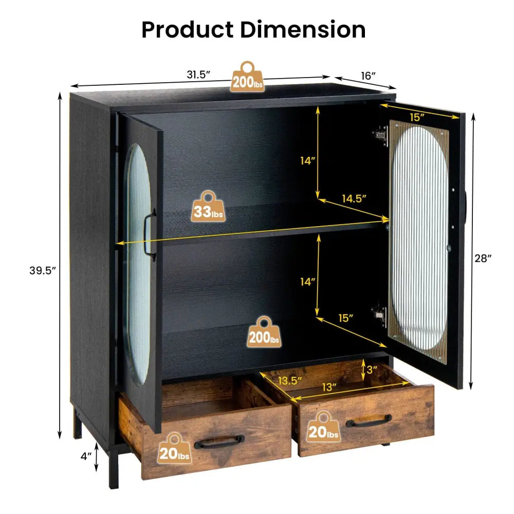 Kitchen Industrial Buffet Sideboard with Tempered Glass Doors-Black - Black - Sideboards Cabinets & Buffets
