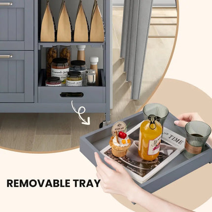 Kitchen Island Cart on Wheels with Rubber Wood Top and 3 Drawersand Removable Tray-Gray - Gray - Kitchen Islands & Carts