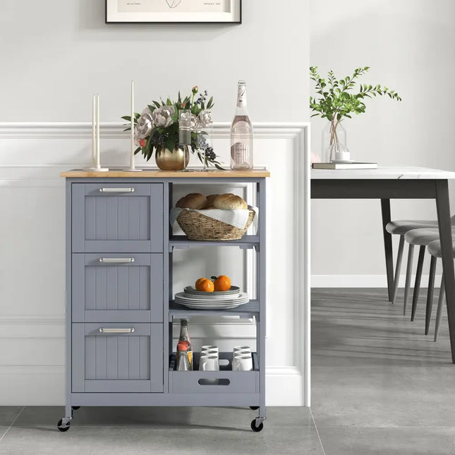 Kitchen Island Cart on Wheels with Rubber Wood Top and 3 Drawersand Removable Tray-Gray - Gray - Kitchen Islands & Carts