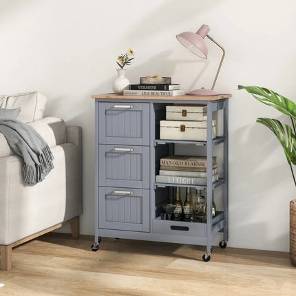 Kitchen Island Cart on Wheels with Rubber Wood Top and 3 Drawersand Removable Tray-Gray - Gray - Kitchen Islands & Carts