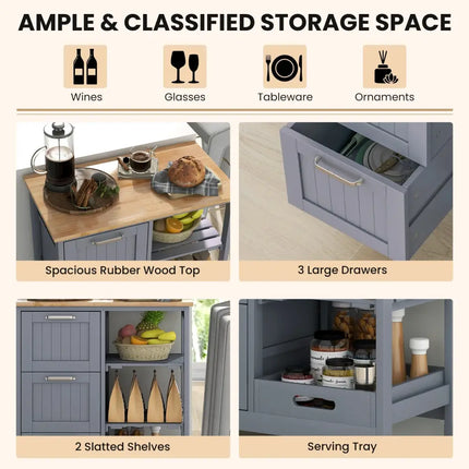 Kitchen Island Cart on Wheels with Rubber Wood Top and 3 Drawersand Removable Tray-Gray - Gray - Kitchen Islands & Carts