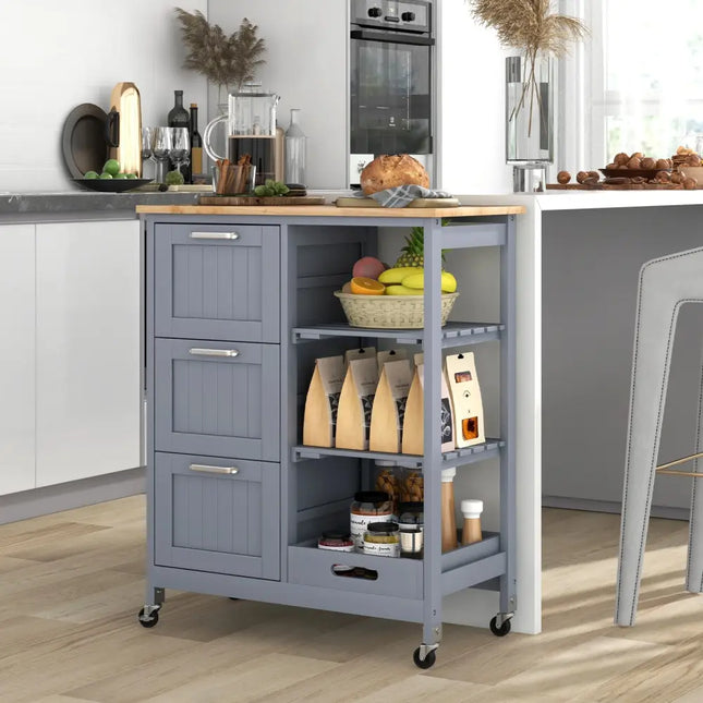 Kitchen Island Cart on Wheels with Rubber Wood Top and 3 Drawersand Removable Tray-Gray - Gray - Kitchen Islands & Carts