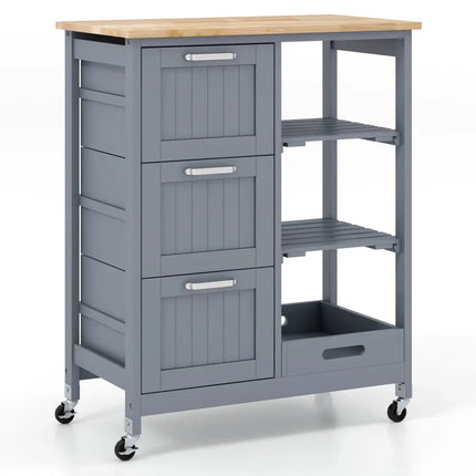 Kitchen Island Cart on Wheels with Rubber Wood Top and 3 Drawersand Removable Tray-Gray - Gray - Kitchen Islands & Carts