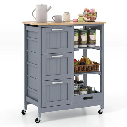 Kitchen Island Cart on Wheels with Rubber Wood Top and 3 Drawersand Removable Tray-Gray - Gray - Kitchen Islands & Carts