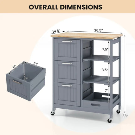 Kitchen Island Cart on Wheels with Rubber Wood Top and 3 Drawersand Removable Tray-Gray - Gray - Kitchen Islands & Carts