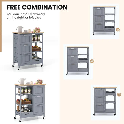Kitchen Island Cart on Wheels with Rubber Wood Top and 3 Drawersand Removable Tray-Gray - Gray - Kitchen Islands & Carts