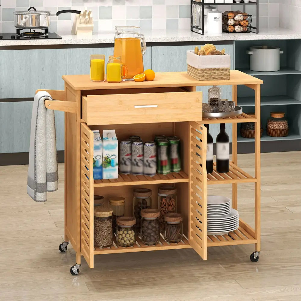 Kitchen Island Cart on Wheels with Sturdy Bamboo Frame-Natural - Natural - Kitchen Islands & Carts