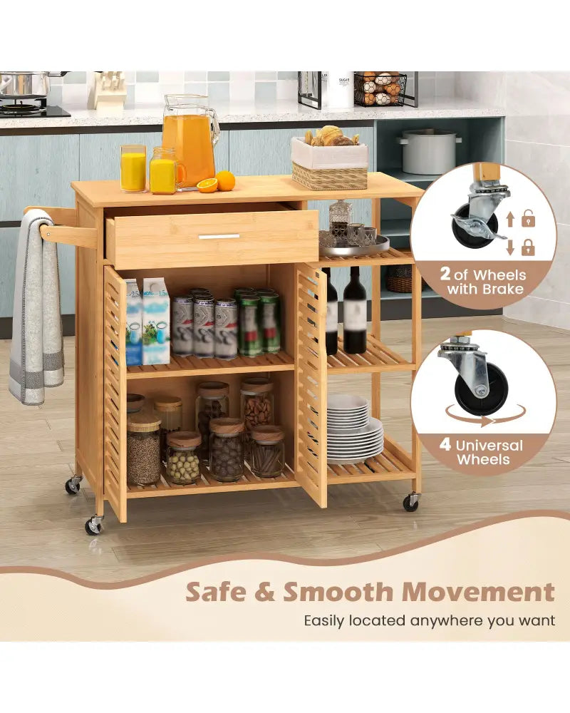 Kitchen Island Cart on Wheels with Sturdy Bamboo Frame-Natural - Natural - Kitchen Islands & Carts