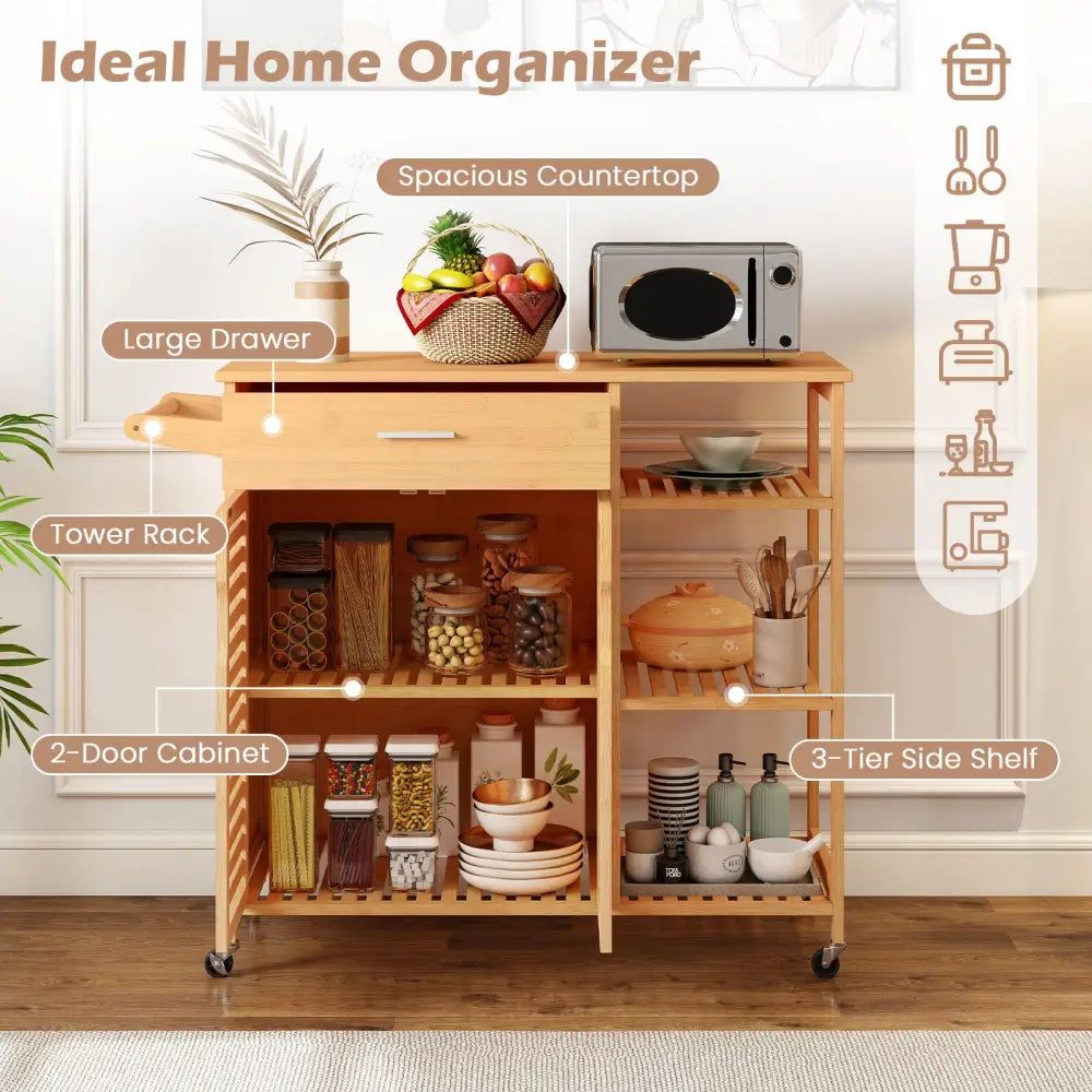 Kitchen Island Cart on Wheels with Sturdy Bamboo Frame-Natural - Natural - Kitchen Islands & Carts