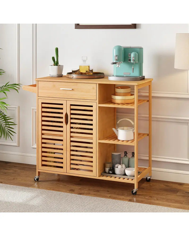 Kitchen Island Cart on Wheels with Sturdy Bamboo Frame-Natural - Natural - Kitchen Islands & Carts