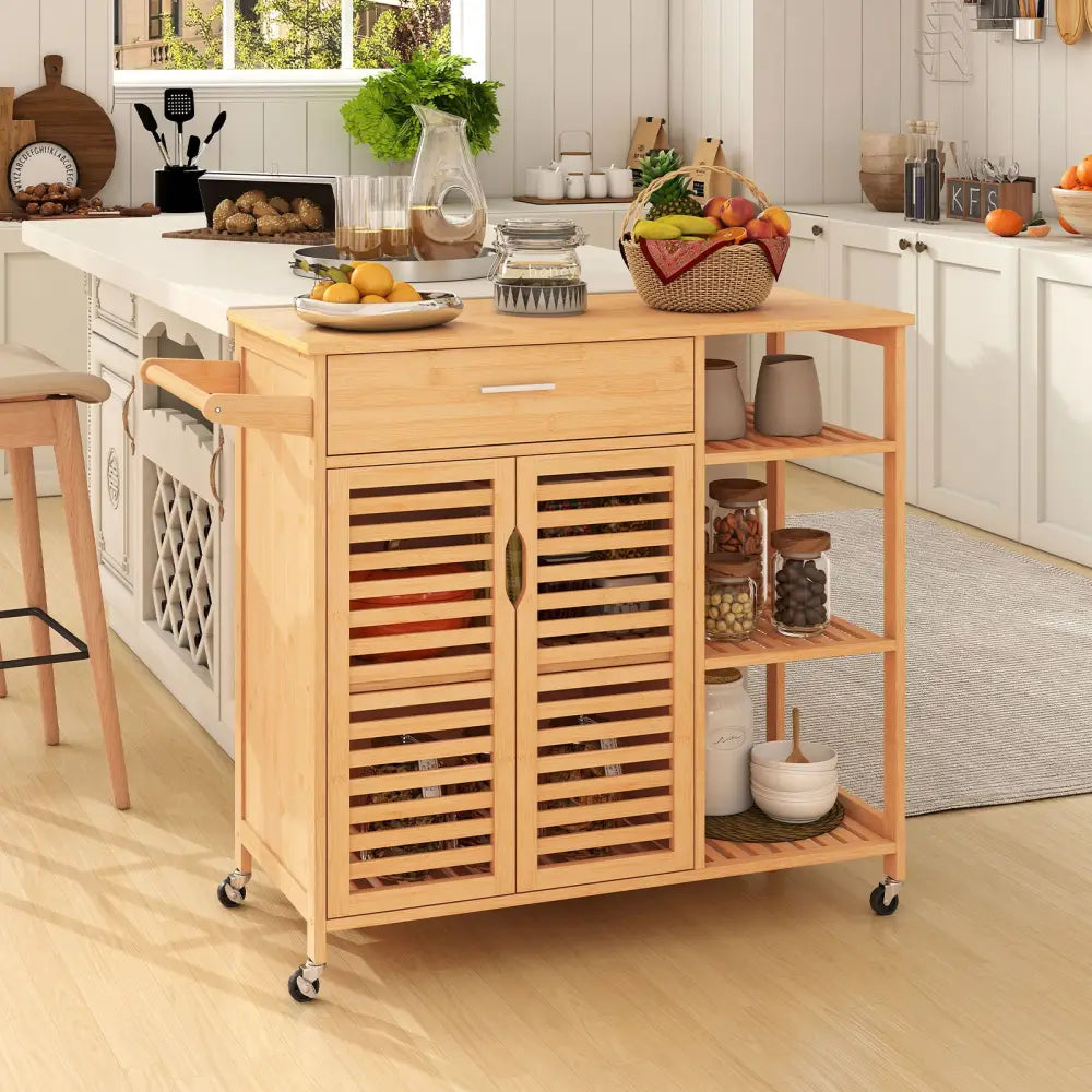 Kitchen Island Cart on Wheels with Sturdy Bamboo Frame-Natural - Natural - Kitchen Islands & Carts